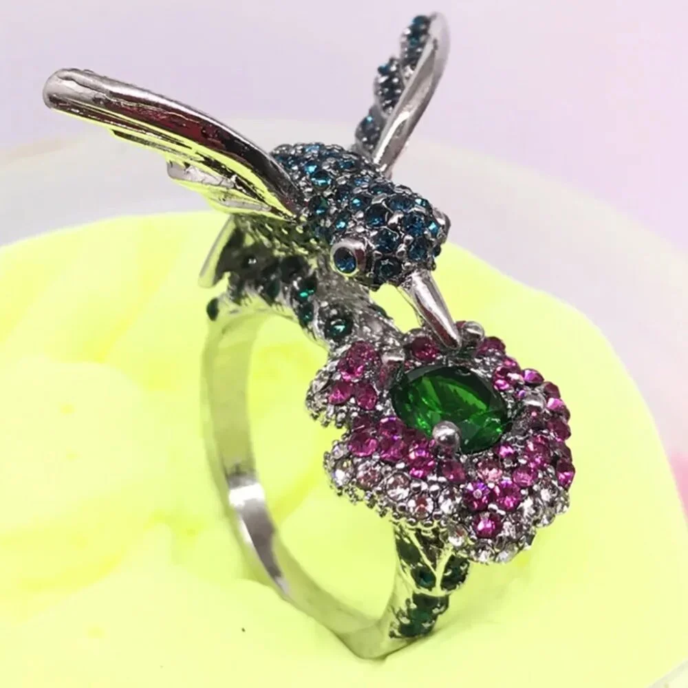Women's Rhinestone Blue Hummingbird Ring - Picture 2 of 5